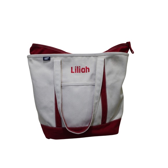 Lands' End Handbags - Lands' End Tote Bag Womens Large Cream Red Good Liliah Personalized Canvas Zip